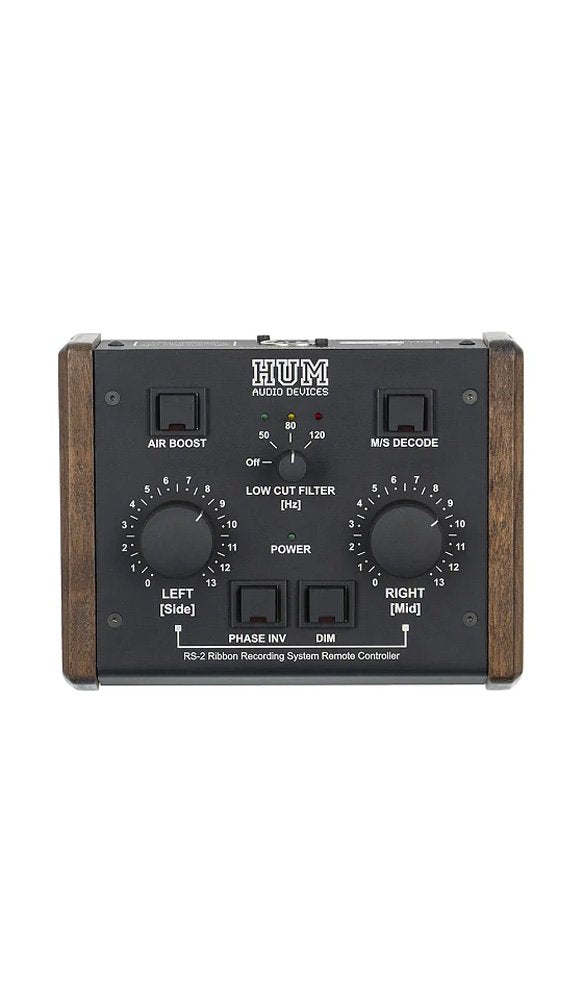 Black audio device with wooden side panels featuring knobs and buttons for air boost, M/S decode, and low cut filter controls.