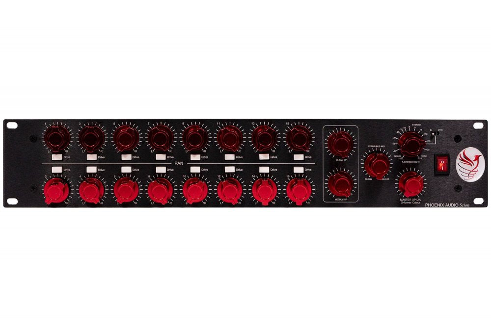 Front panel of a black Phoenix Audio Scion audio mixer with multiple red rotary knobs and one red toggle switch.