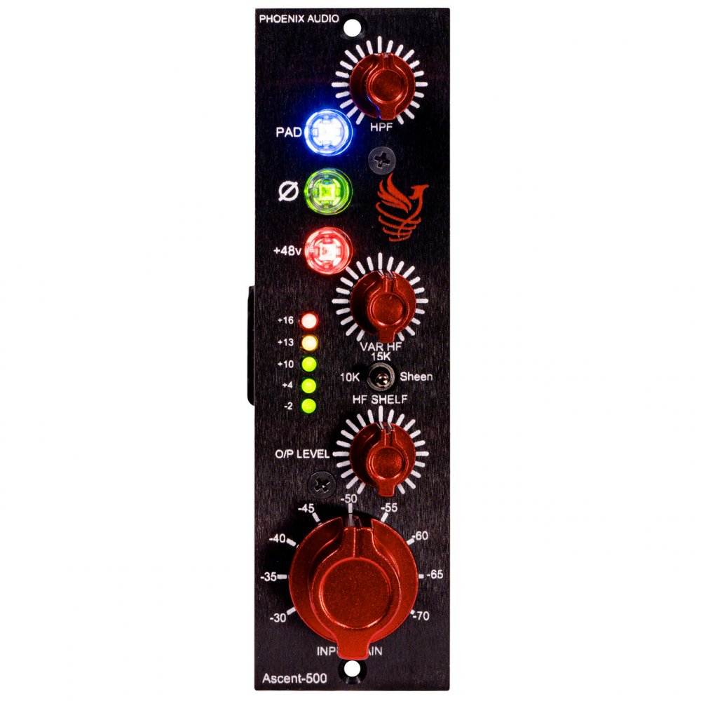 Front view of a black Phoenix Audio Ascent-500 module with red knobs, LED indicators, and labels.