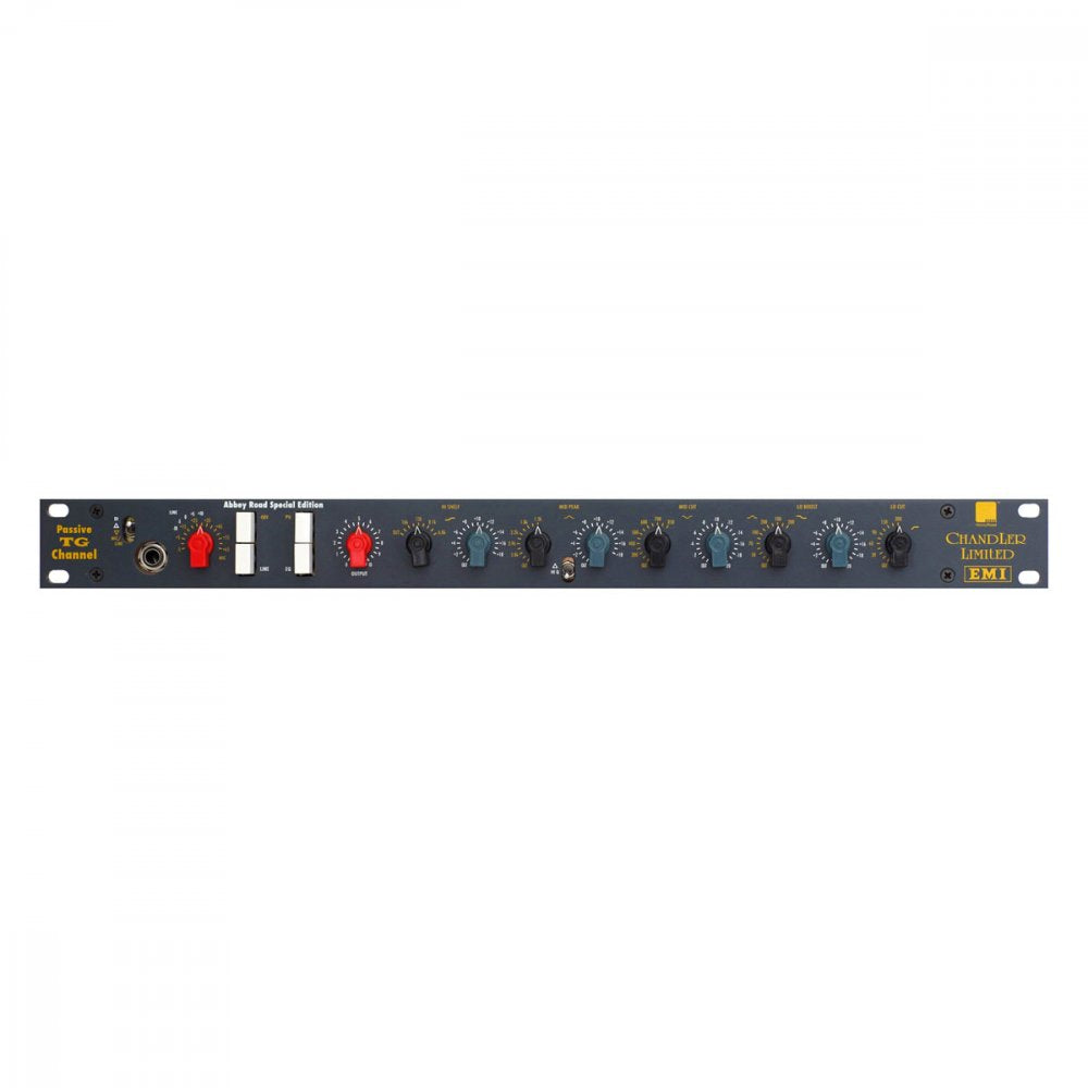 Front panel of a Chandler Limited audio channel strip with multiple knobs, switches, and a 1/4 inch input jack.