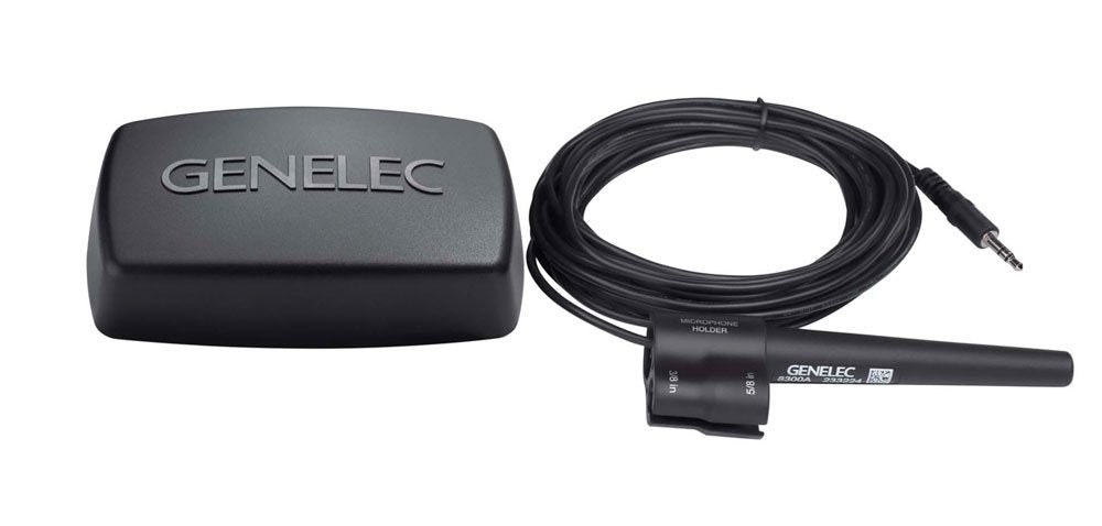 Black rectangular Genelec device and microphone holder with attached cable ending in a 3.5mm plug.
