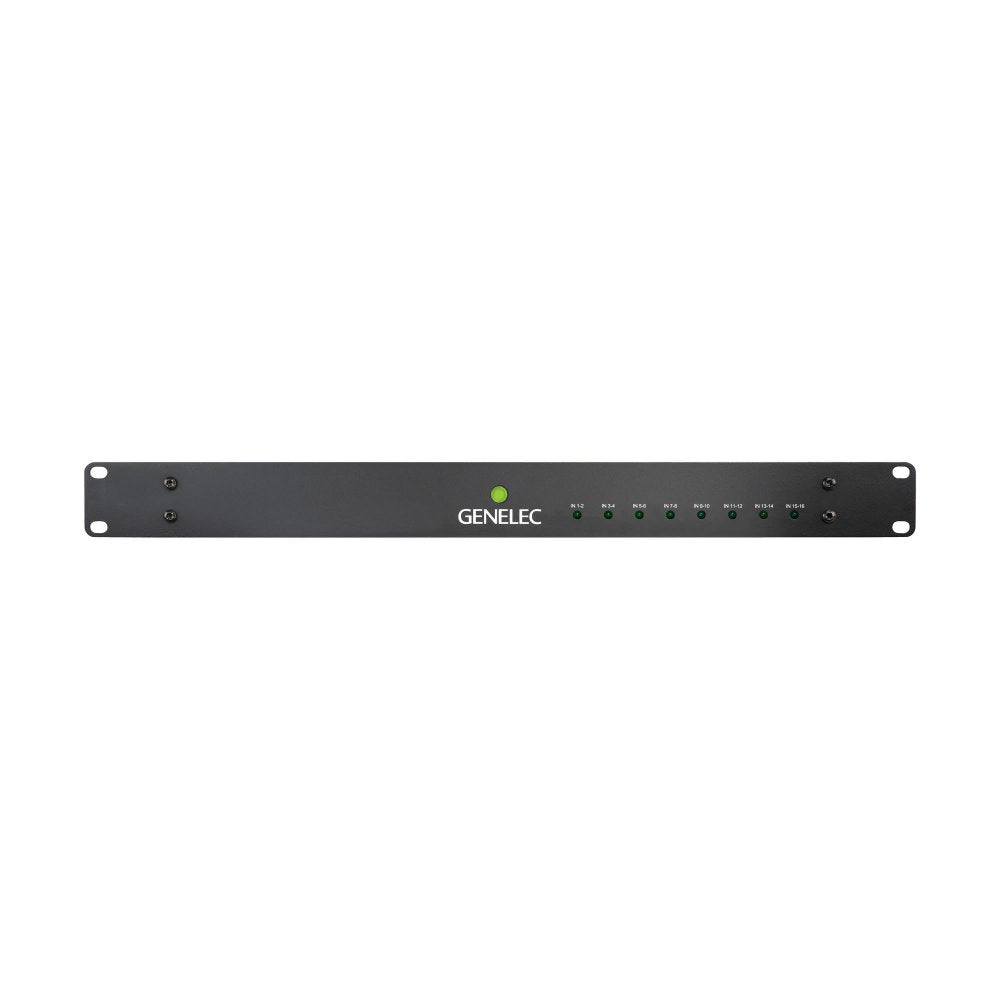 Black rackmount device with green buttons and GENELEC branding on front panel.