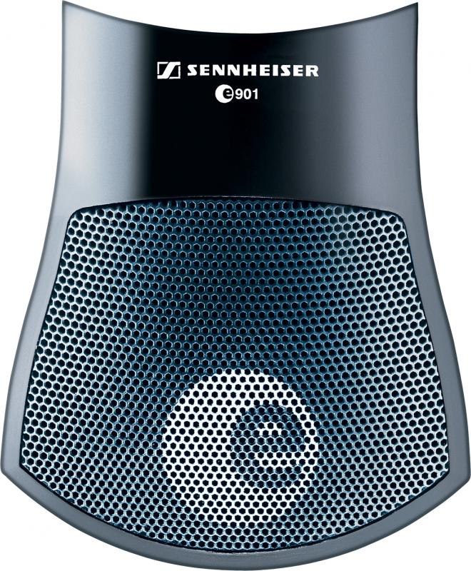 Top-front view of a black and grey Sennheiser e901 microphone head grille.