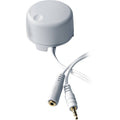 Small white circular device with attached 3.5mm audio male plug and female jack connectors.