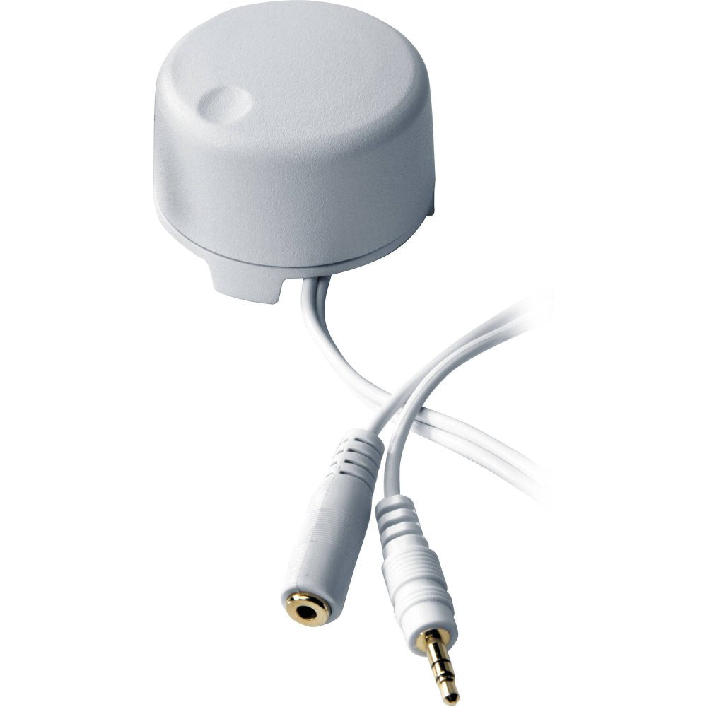 Small white circular device with attached 3.5mm audio male plug and female jack connectors.
