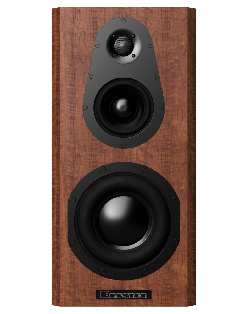 A wooden studio monitor speaker with three drivers and a Bryston logo on the front.