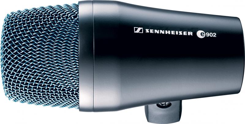 Black and silver Sennheiser e 902 microphone with metal grille and connector socket.