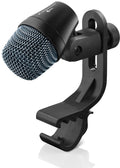 Black microphone with blue metal grille and attached black mounting bracket with adjustment knob.