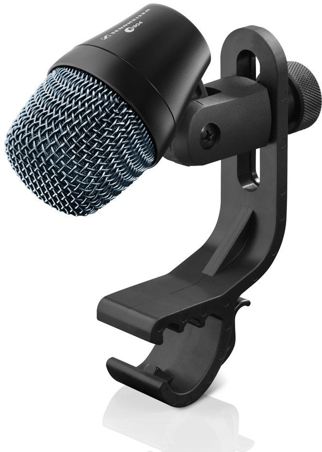 Black microphone with blue metal grille and attached black mounting bracket with adjustment knob.