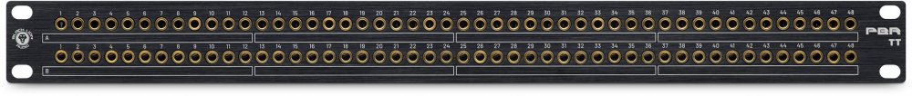 Black metal patchbay with two rows of 24 gold 1/4 inch TRS jack sockets each, totaling 48 connections.