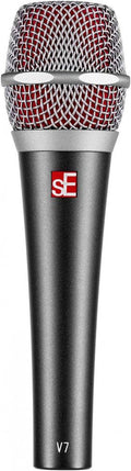 Handheld microphone with silver metal mesh grille and black body with sE logo and V7 text.