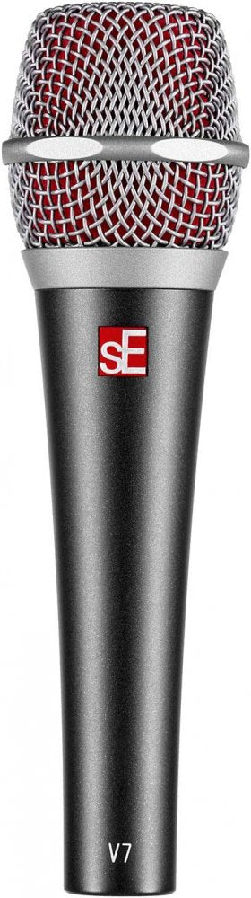 Handheld microphone with silver metal mesh grille and black body with sE logo and V7 text.
