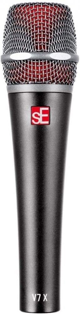 Black handheld microphone with silver mesh grille and red interior, labeled sE and V7 X.