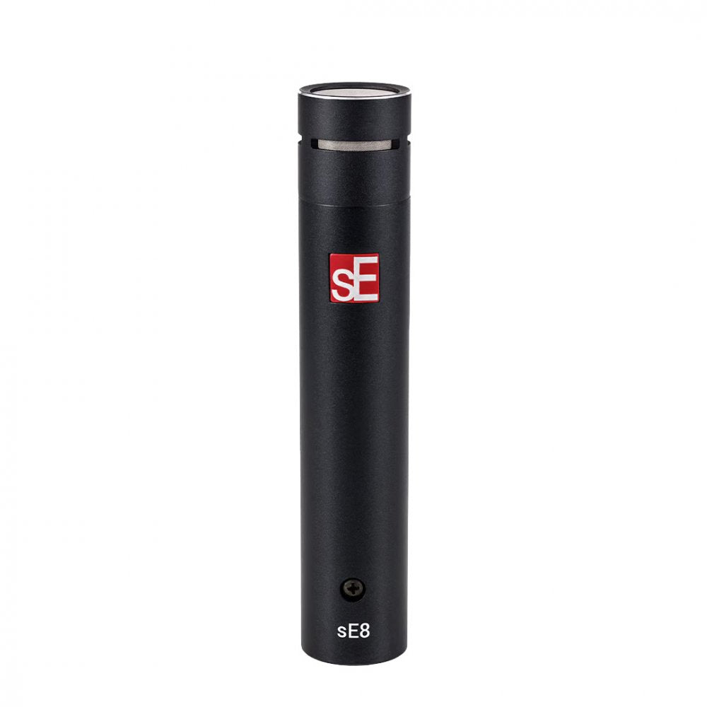 Black cylindrical microphone with a silver mesh top and red sE logo on the body.