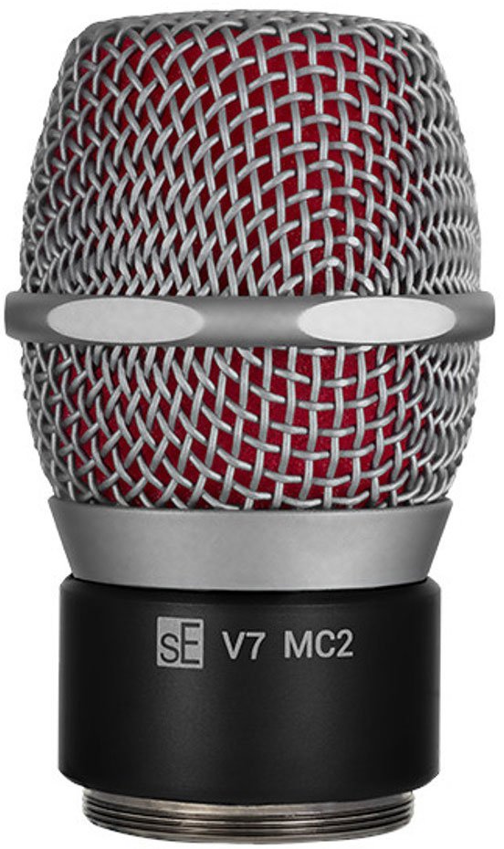 Close-up of a microphone capsule with silver mesh grille and red inner layer labeled sE V7 MC2.