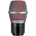 Close-up view of a black and silver microphone head with red mesh and sE V7 MC1 label.