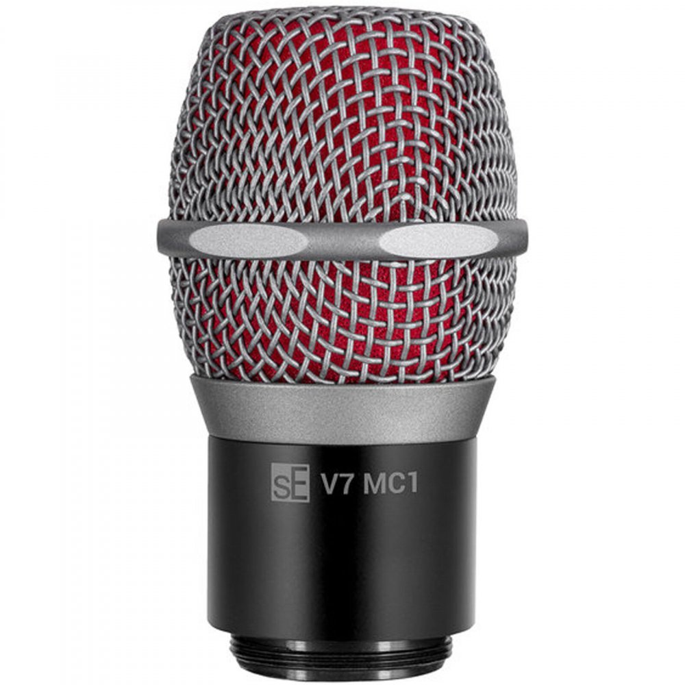 Close-up view of a black and silver microphone head with red mesh and sE V7 MC1 label.