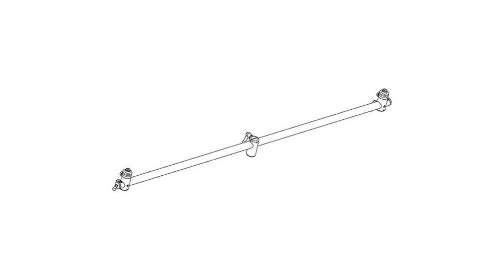 Diagram of a horizontal boom arm with adjustable mounts on each end and a central swivel clamp.