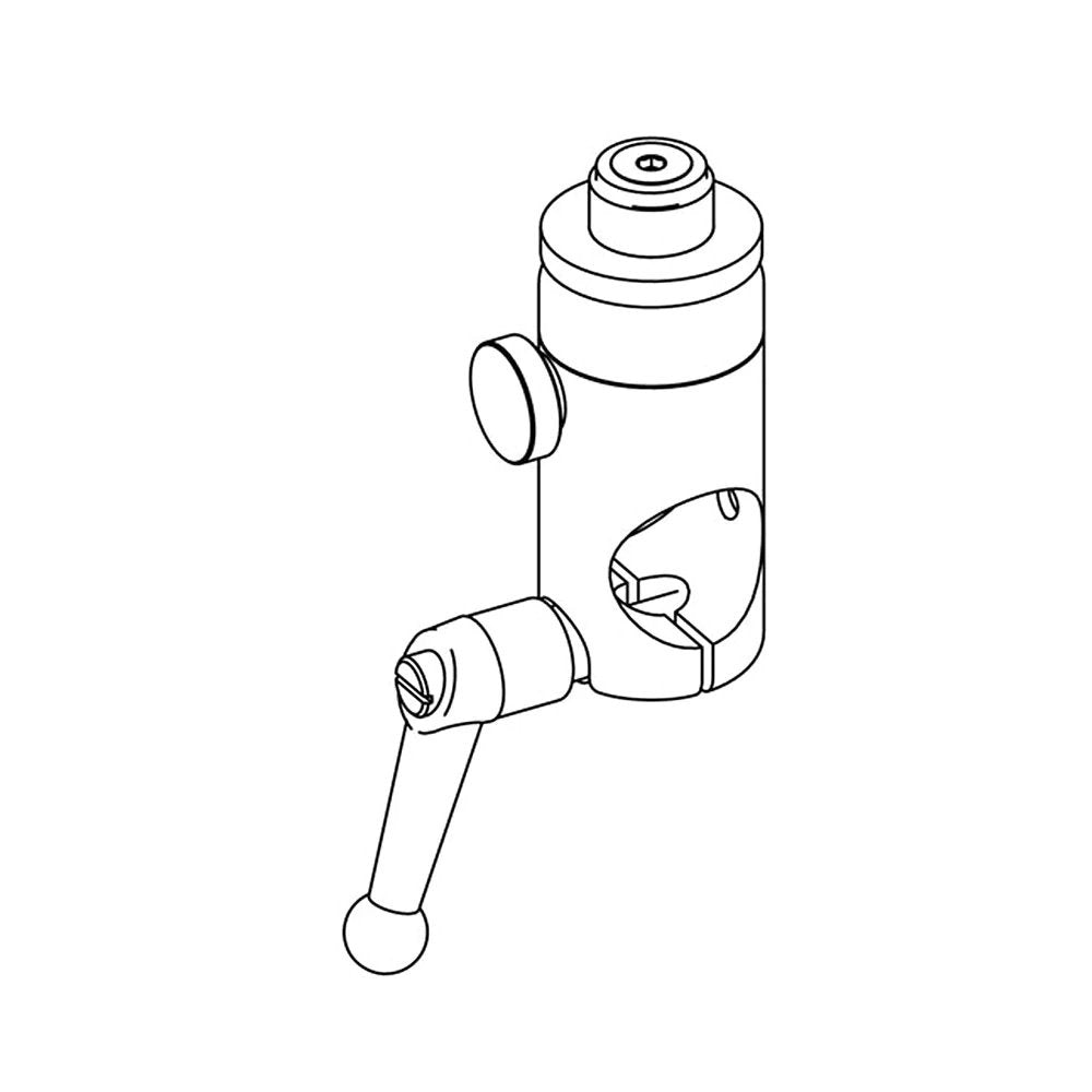 Diagram line drawing of a mechanical device with a cylindrical body, a knob, and a lever mechanism.