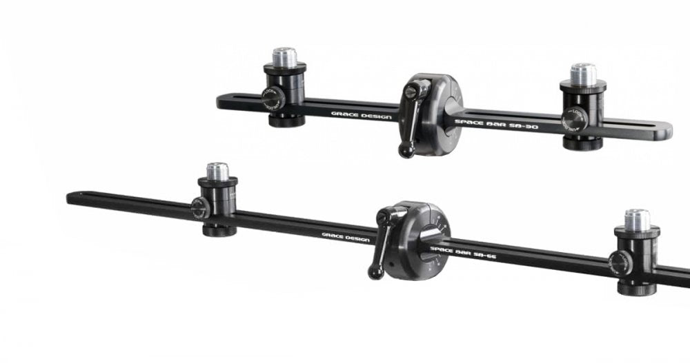 Two black metal space bars labeled 'SPACE BAR SB-30' and 'SPACE BAR SB-66' with adjustment knobs and mounting screws.