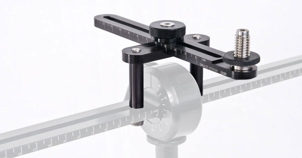 Black metal adjustable mounting arm with a knob and screw thread for attachment.
