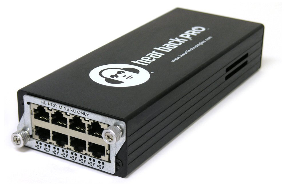 Black rectangular device with multiple RJ45 connectors labeled for mixers and thumb screws on front panel.