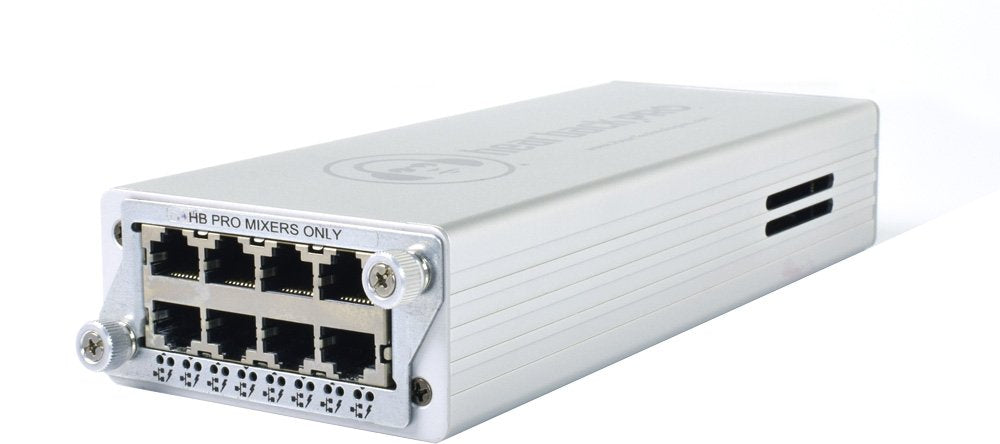 Silver rectangular metal device with eight RJ45 ports labeled for HB Pro mixers