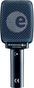 Black Sennheiser e906 microphone with grille and slide switch on handle shown from the front.