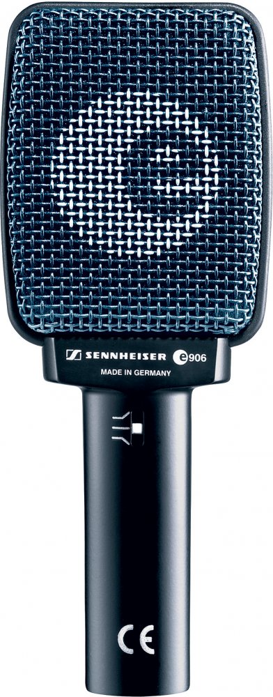 Black Sennheiser e906 microphone with grille and slide switch on handle shown from the front.