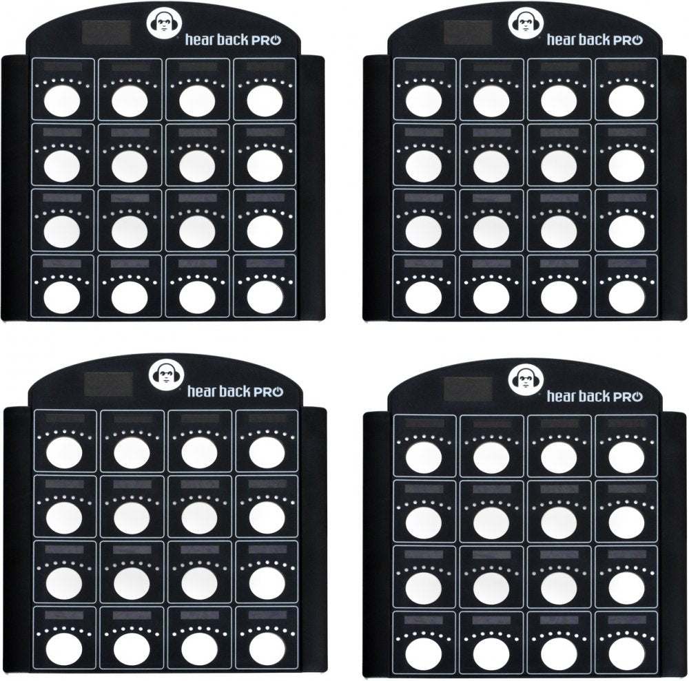 Four black electronic devices each with 20 circular knobs and several small buttons arranged in a grid, labeled hear back PRO.