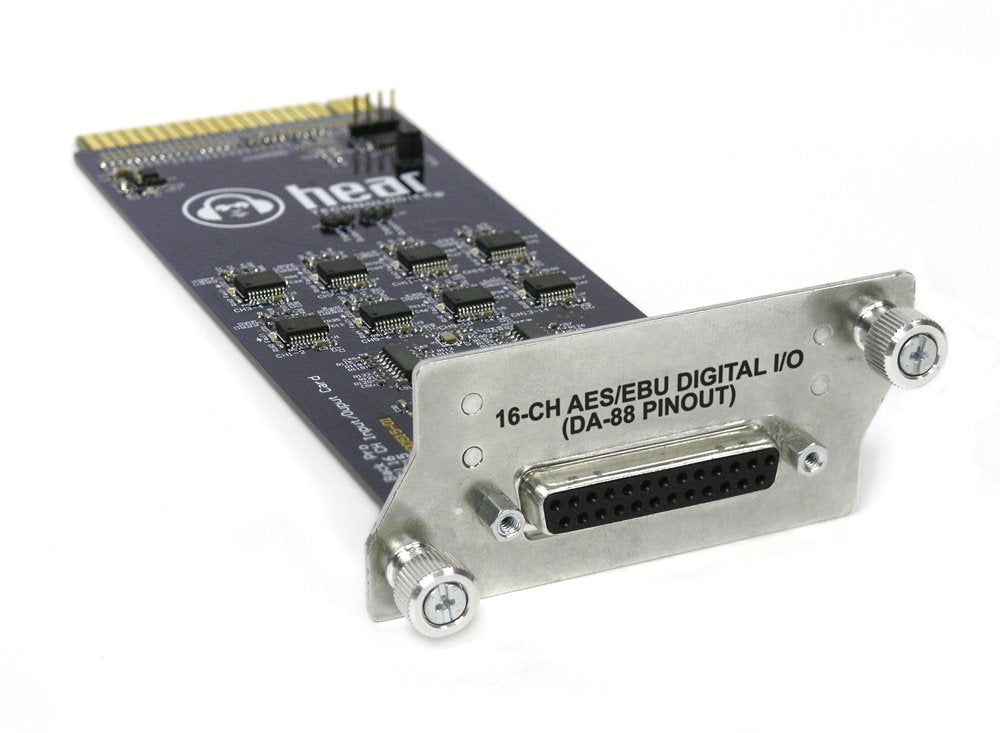 Expansion card with metal bracket labeled 16-CH AES/EBU DIGITAL I/O (DA-88 PINOUT) and D-sub connector.