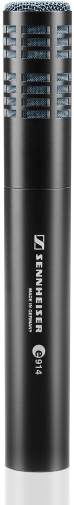 Slim black metal microphone with a mesh grille and visible brand and model text.