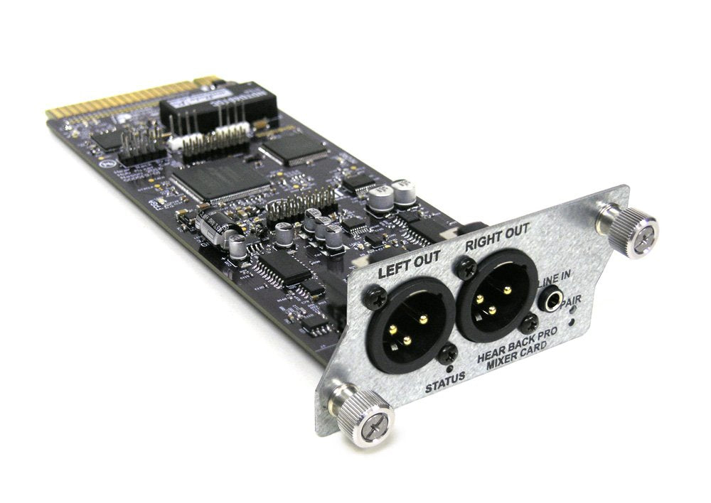 Circuit board card with two XLR outputs, a 3.5mm line input, and screw knobs on a metal panel.