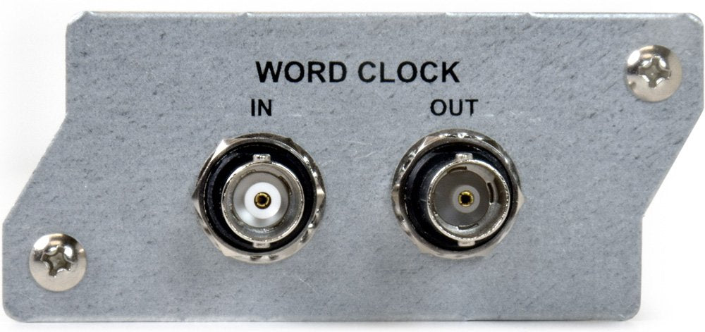 Metal panel with two BNC connectors labeled Word Clock In and Out.