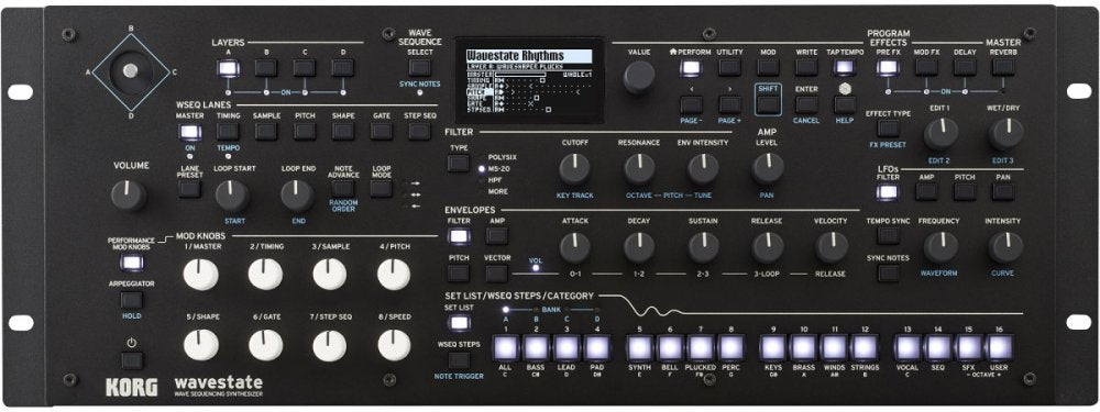 Black rack-mount synthesizer module with knobs, buttons, screen, and illuminated step buttons labeled wavestate.