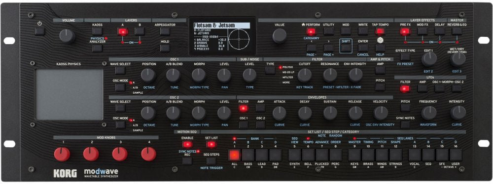 Front panel of KORG Modwave synthesizer module with knobs, buttons, and display screen visible.