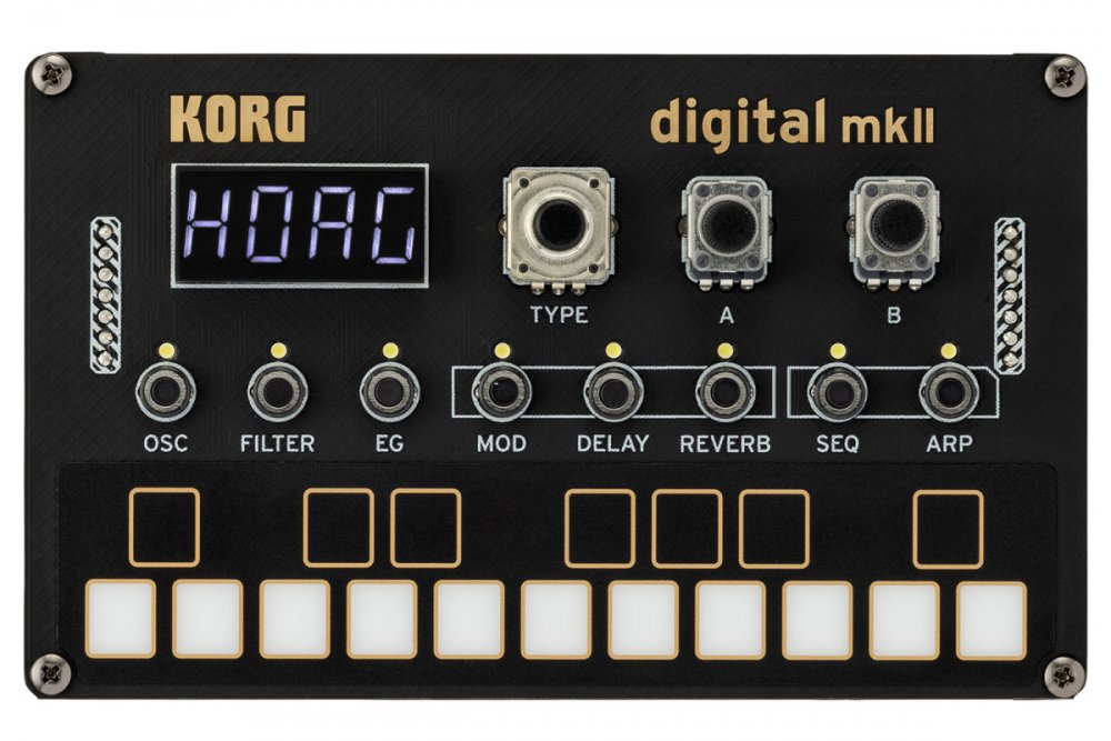 Black digital synthesizer panel with white backlit buttons, three knobs, a small screen displaying HOAG, and labeled controls.