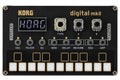Black digital synthesizer panel with white backlit buttons, three knobs, a small screen displaying HOAG, and labeled controls.