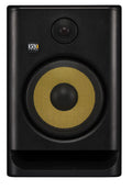 Front view of a black studio monitor speaker with a yellow cone and KRK Systems logo.