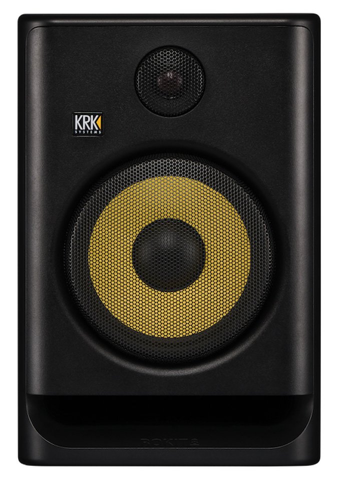 Front view of a black studio monitor speaker with a yellow cone and a KRK logo on top left.