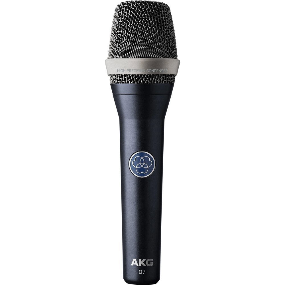 Black handheld condenser microphone with silver mesh grille and branded text AKG C7 on the body.