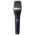 Black handheld dynamic microphone with silver mesh grille and AKG logo on body