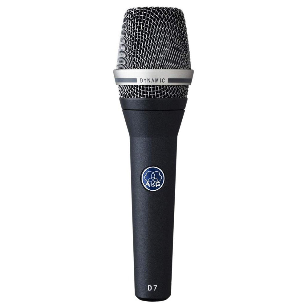 Black handheld dynamic microphone with silver mesh grille and AKG logo on body