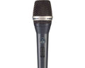 Black handheld dynamic microphone with a rounded mesh grille and on/off switch on the handle.