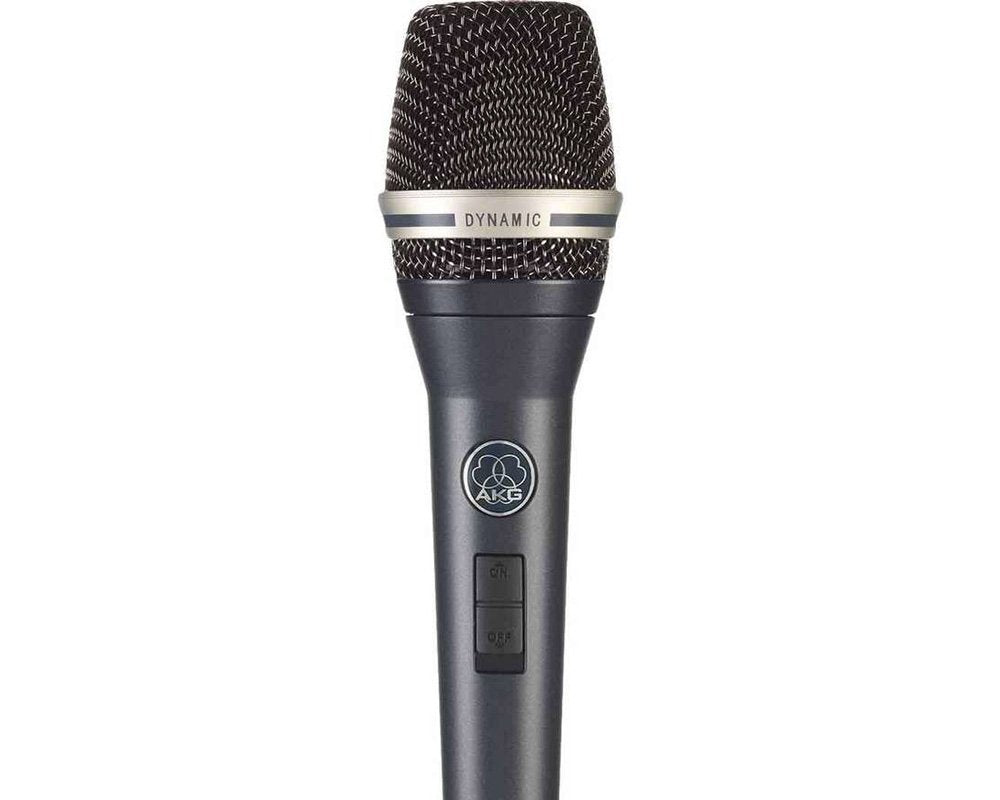 Black handheld dynamic microphone with a rounded mesh grille and on/off switch on the handle.