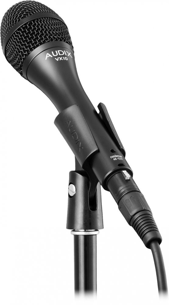 Black Audix VX10 condenser microphone mounted on a stand with a cable connected.