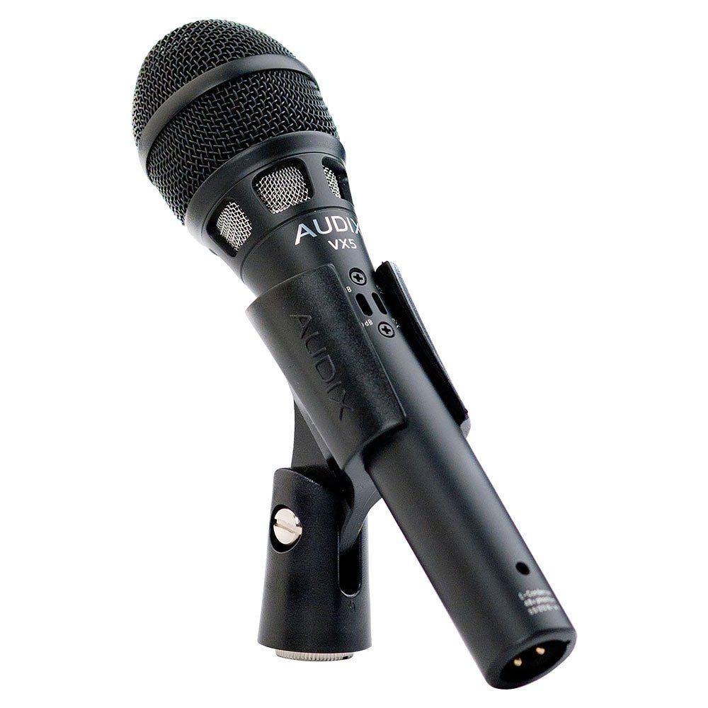 Black AUDIX VX5 microphone with mesh grille and microphone clip shown on a white background.