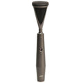 Black and dark gray microphone with a mesh grille and a rotary knob on the body, standing vertically.