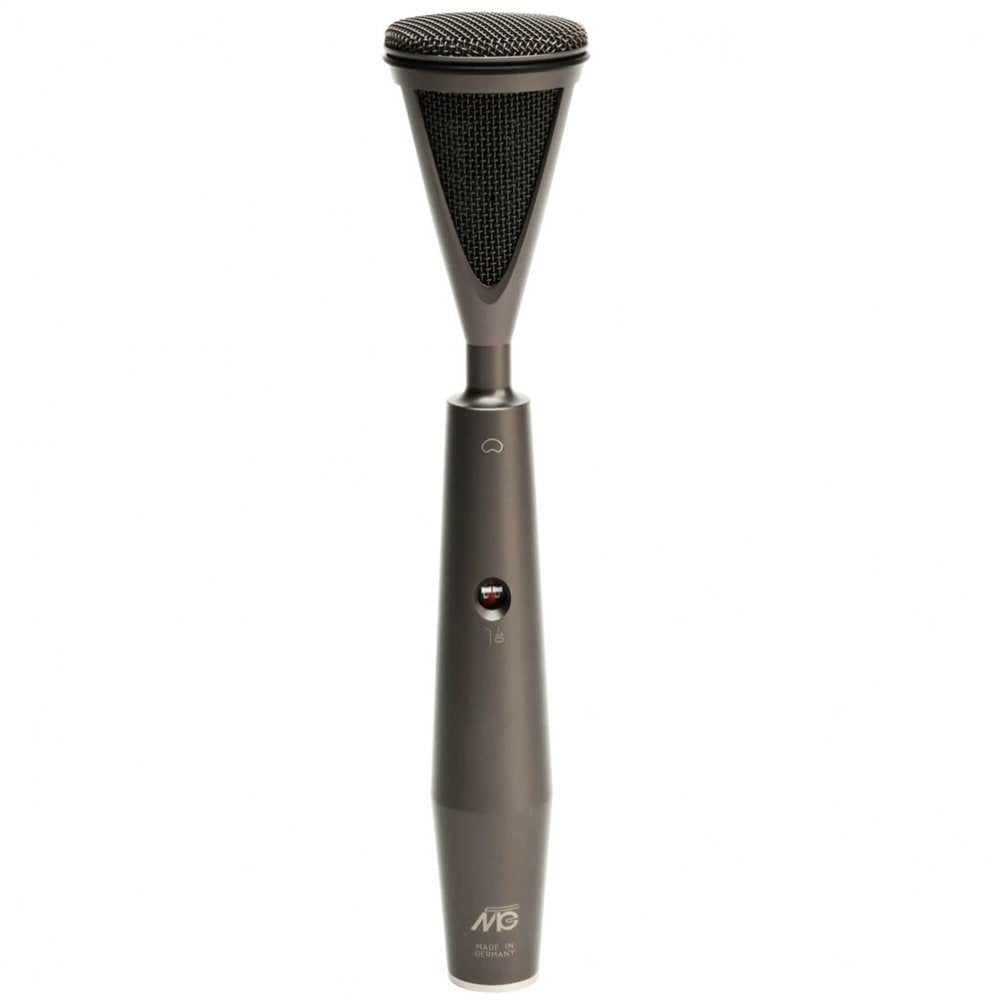 Black and dark gray microphone with a mesh grille and a rotary knob on the body, standing vertically.