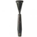 Black studio microphone with mesh grille and a small round switch on the handle showing red indicator.